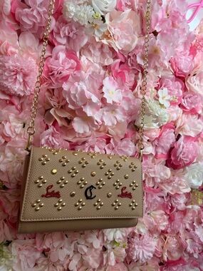 Beige Studded Crossbody Bag with Chain Strap
